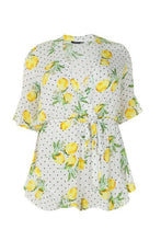 Load image into Gallery viewer, Plus Lemon Polka Dot Wrap Ruffle Romper
