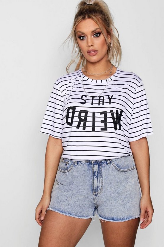 Plus Stripe Slogan Jersey T-Shirt