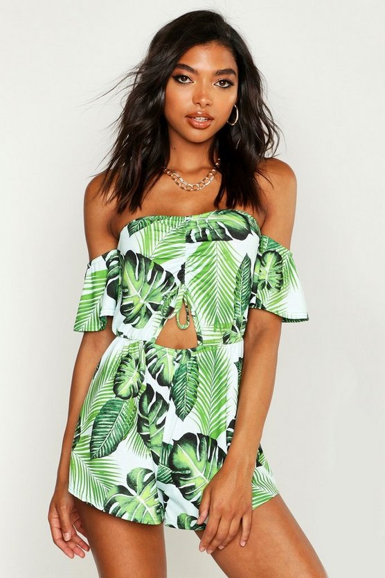 Tall Tropical Leaf Print Bardot Playsuit