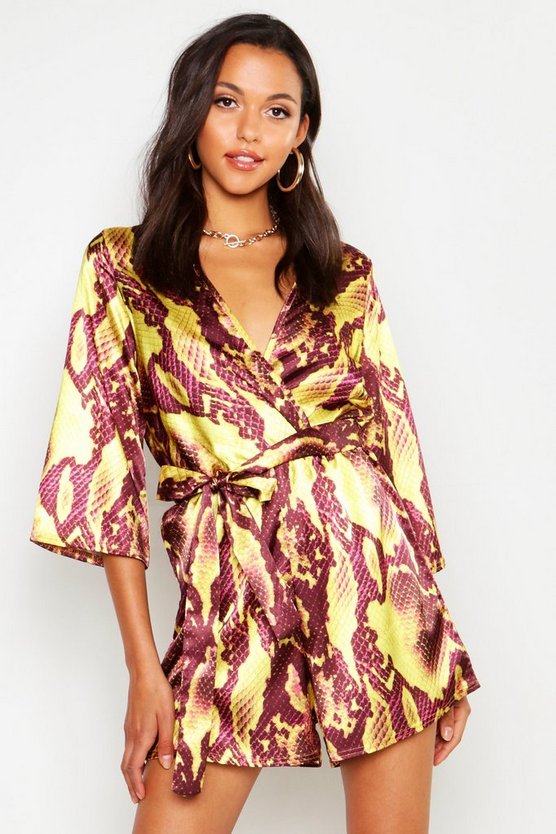 Tall Snake Print Satin Wrap Playsuit